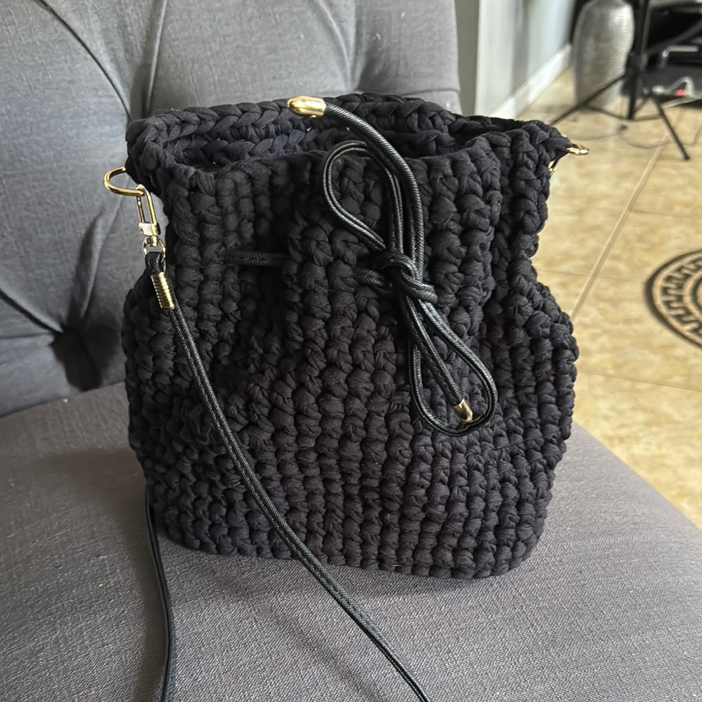 Black Textured Crossbody Bag with Drawstring Closure